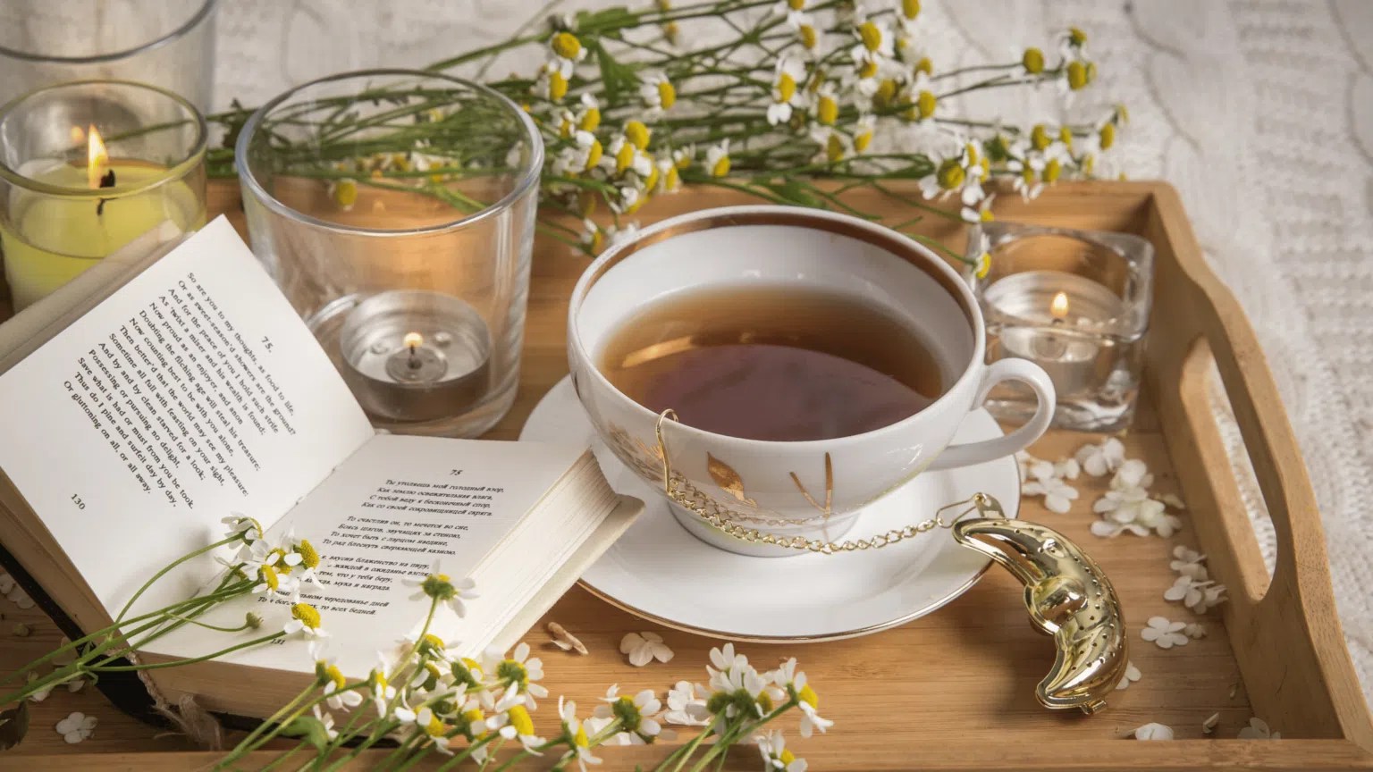 Infusion de vigne rouge dans un plateau en bois avec un livre : un moment de détente pour contrer la lourdeur des jambes